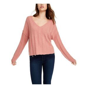 PINK ROSE Womens Coral Heather Ribbed Raw-Hem V Neck Sweater L